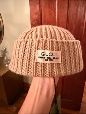Gucci Beige Ribbed Knit Cuff Beanie